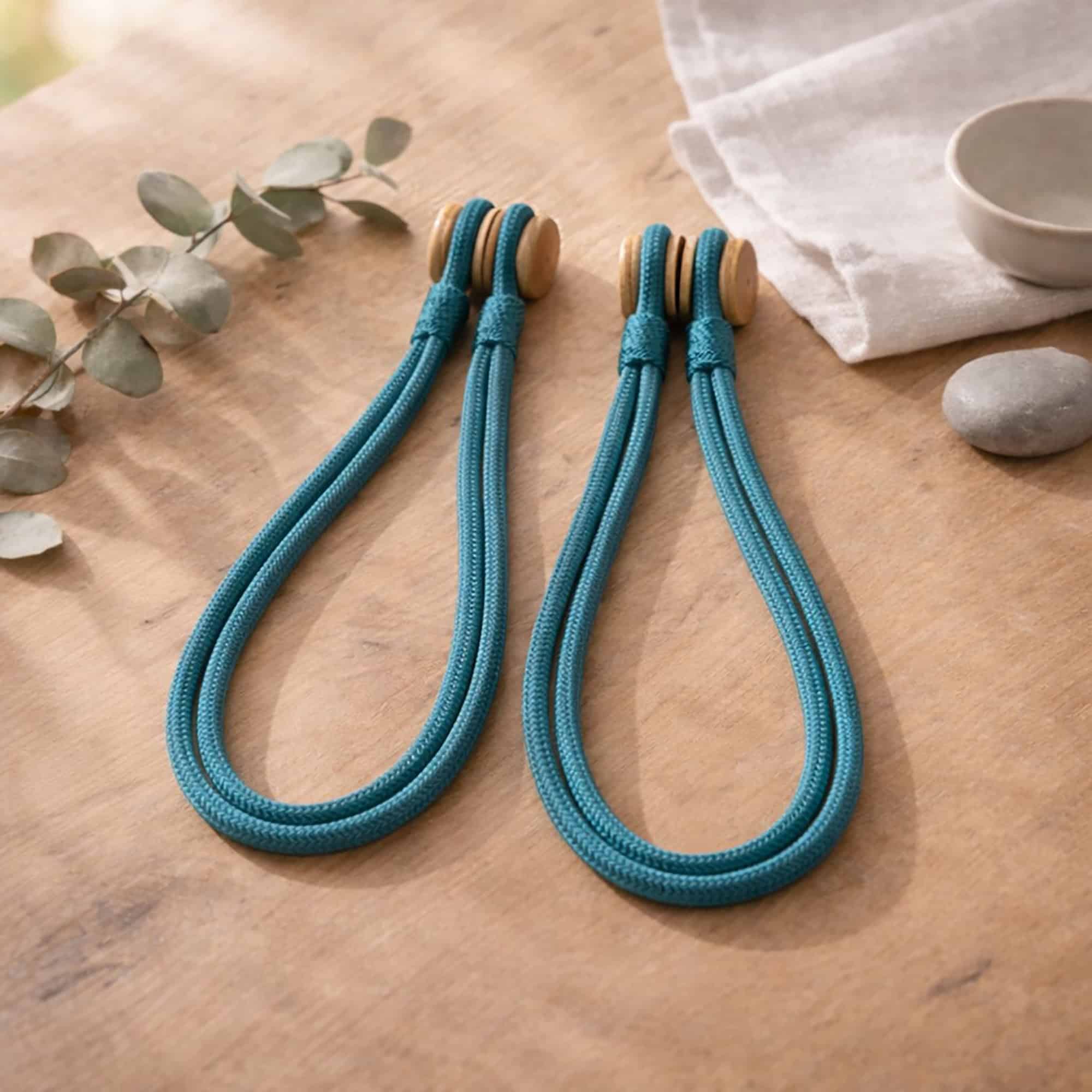 A teal braided rope curtain tieback with a wooden magnetic closure, displayed on a wooden surface.