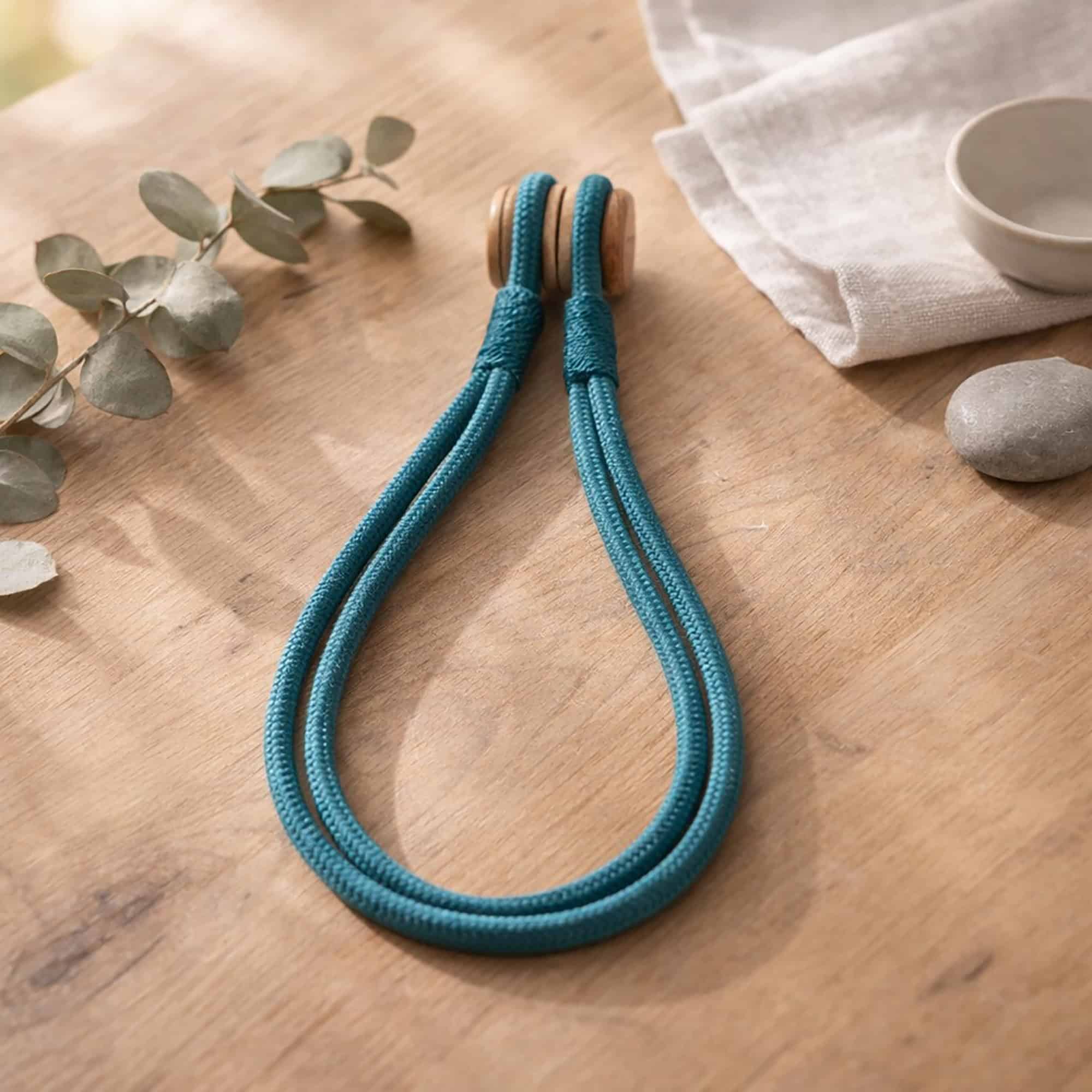 A teal braided rope curtain tieback with a wooden magnetic closure, displayed on a wooden surface.