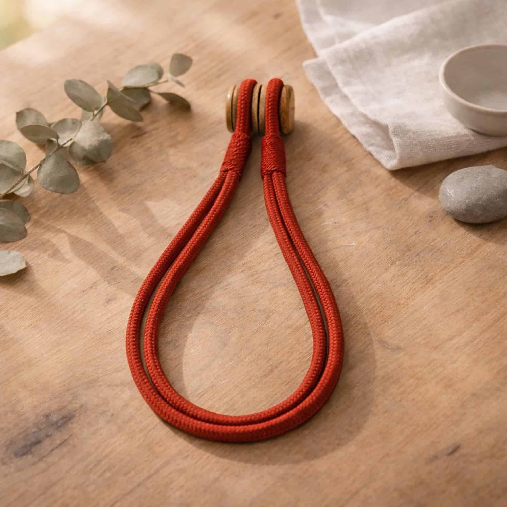 A rust red braided rope curtain tieback with a wooden magnetic closure, displayed on a wooden surface.
