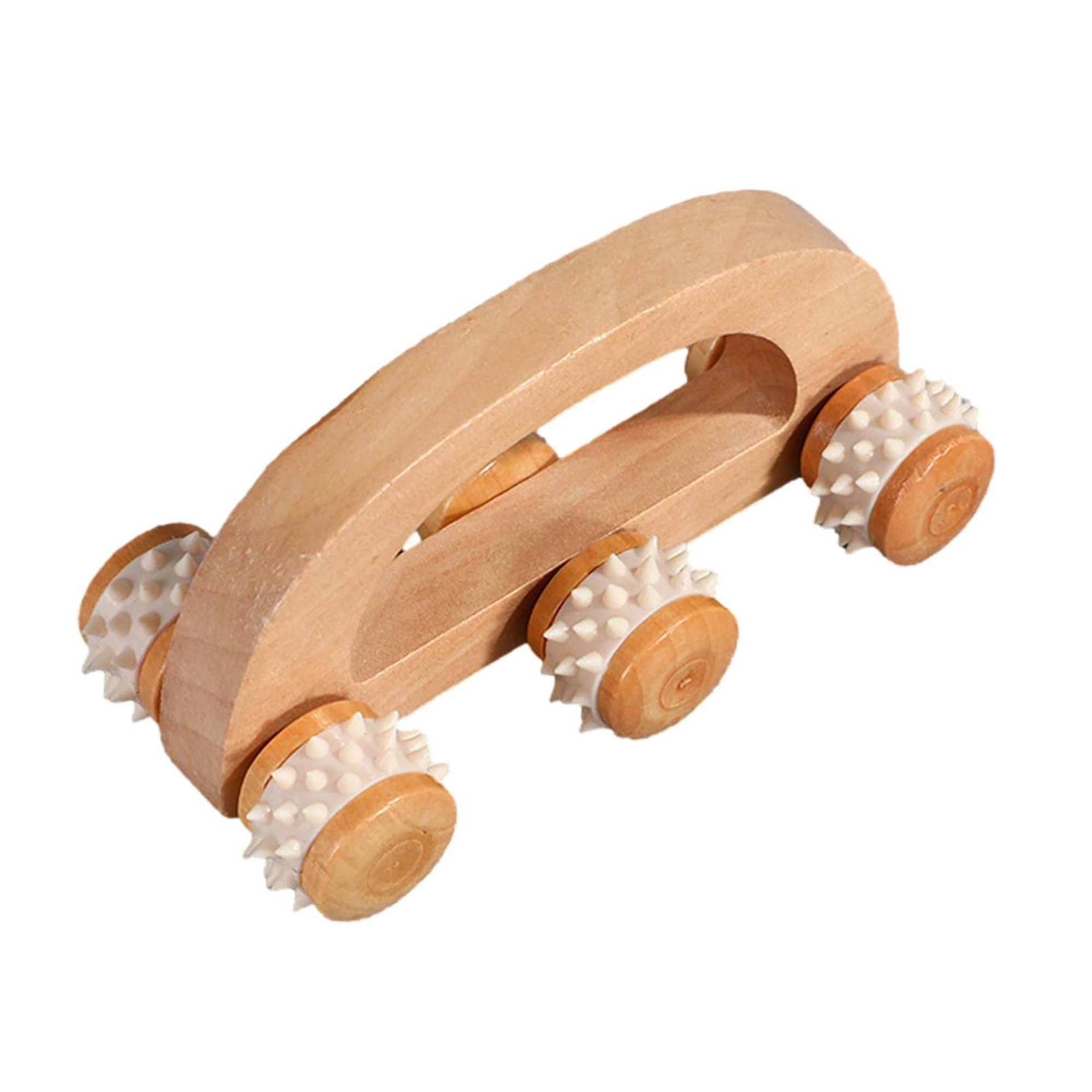Wooden six-wheel massage roller with textured white rolling heads
