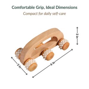 Compact wooden massage roller with size dimensions shown