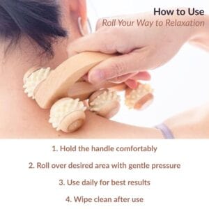 Person massaging neck and shoulder with wooden roller tool