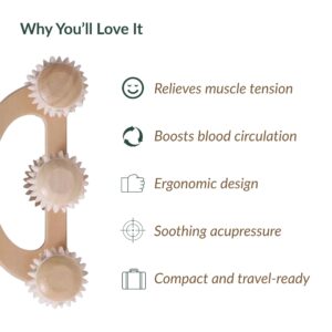 Wellness benefits of wooden six-wheel massage roller infographic