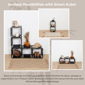 Endless Storage Possibilities with Smart Kube – Various creative stacking arrangements of black bamboo cubes, used for storage and decor in a modern interior setting.
