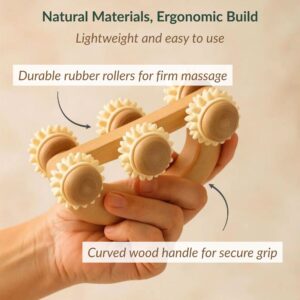 Close-up of wooden massage roller with durable textured rollers and ergonomic handle