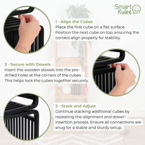 Easy Assembly Guide for Smart Kube – Step-by-step instructions with images on how to align, secure with dowels, and stack the bamboo storage cubes for a sturdy setup.