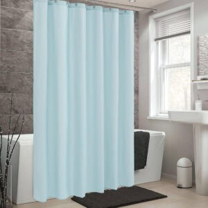Light blue shower curtain in a contemporary bathroom
