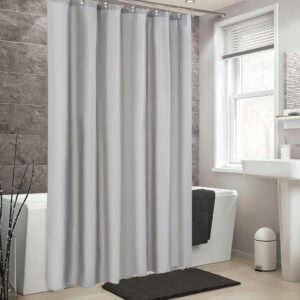 Light gray shower curtain in a contemporary bathroom
