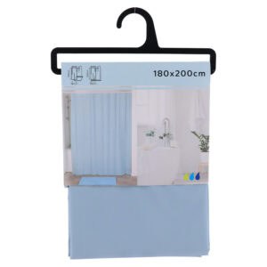 Packaged light blue shower curtain with product label