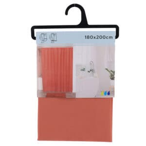 Packaged terracotta shower curtain with product label