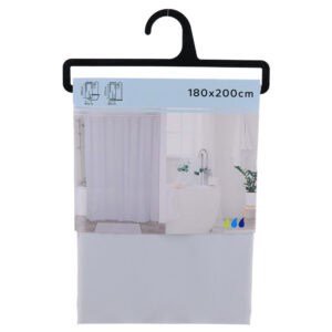 Packaged light gray shower curtain with product label