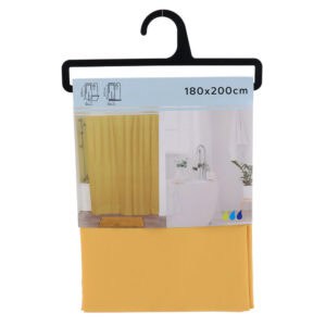 Packaged mustard yellow shower curtain with product label