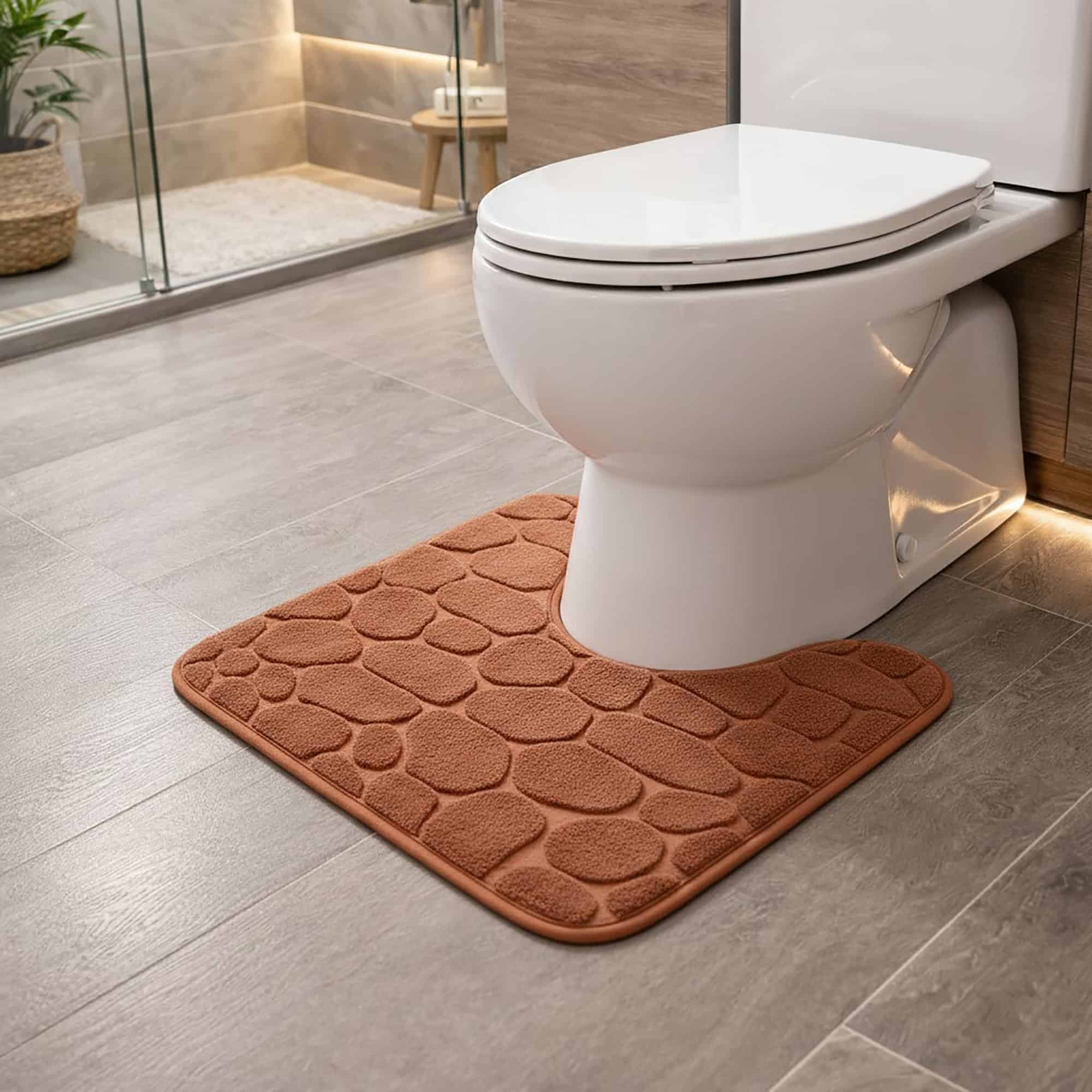 Copper pebble-embossed memory foam contour mat around toilet, side-angle view in modern bathroom