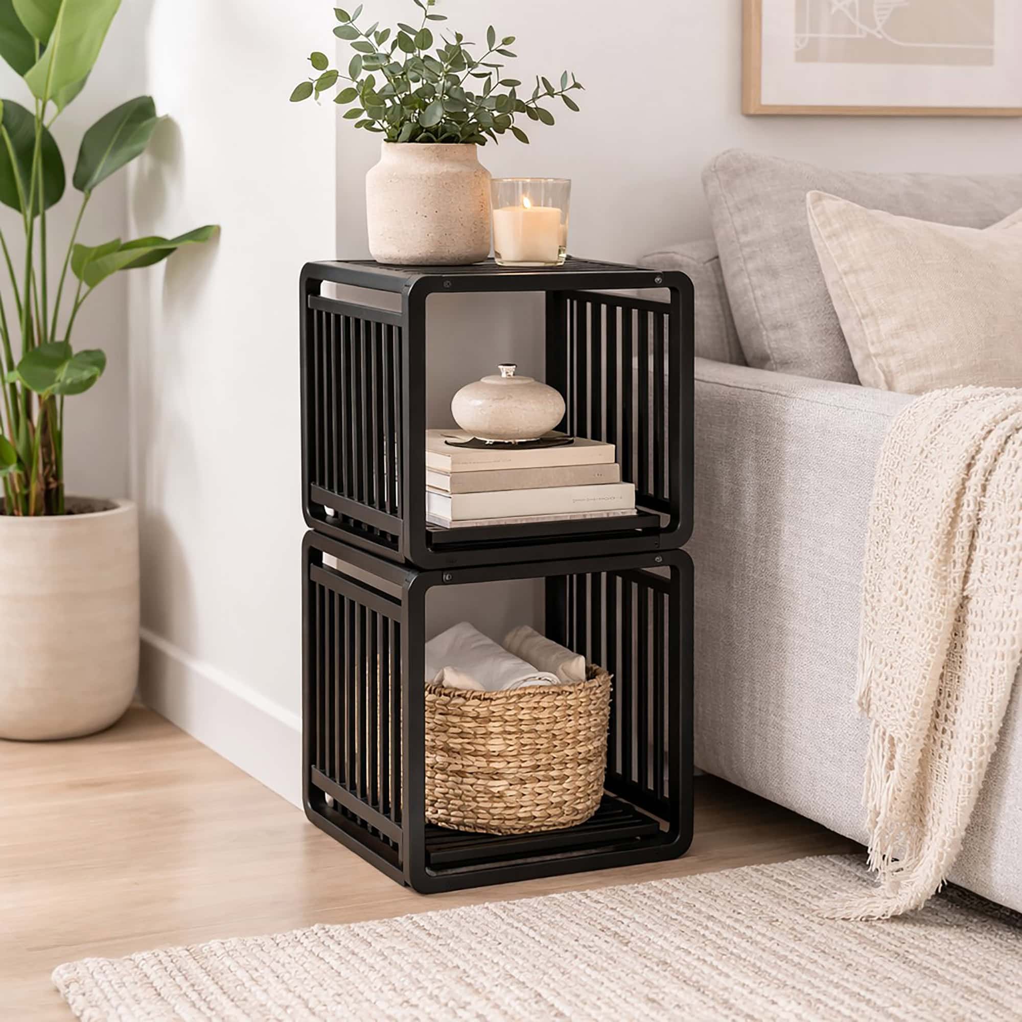2 Smart Kube Black Bamboo Cube Storage, 13" Stackable Shelf Organizer