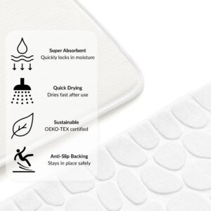 White runner mat with overlay showing icons and features for super absorbent, quick drying, OEKO-TEX certified, and anti-slip backing