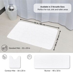 White pebble pattern mat displayed with labeled sizes and shapes including standard 32x20 in, contour 18x20 in, and runner 48x18 in