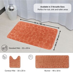 Copper pebble pattern mat displayed with labeled sizes and shapes including standard 32x20 in, contour 18x20 in, and runner 48x18 in