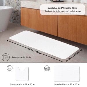 White runner bath mat displayed under vanity with labeled dimensions 48x18 in and visual icons for additional contour and standard mat options
