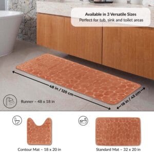Copper runner bath mat displayed under vanity with labeled dimensions 48x18 in and visual icons for additional contour and standard mat options