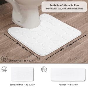 White contour bath mat placed around toilet with labeled dimensions 18x20 in and visual icons for additional runner and standard mat options