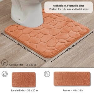 Copper contour bath mat placed around toilet with labeled dimensions 18x20 in and visual icons for additional runner and standard mat options