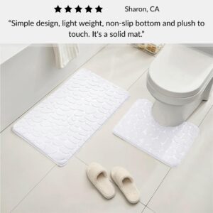 White contour and standard memory foam mats with pebble design positioned around toilet with slippers and customer review overlay