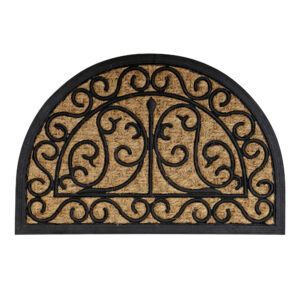 Half-round doormat with black scroll pattern and coir surface