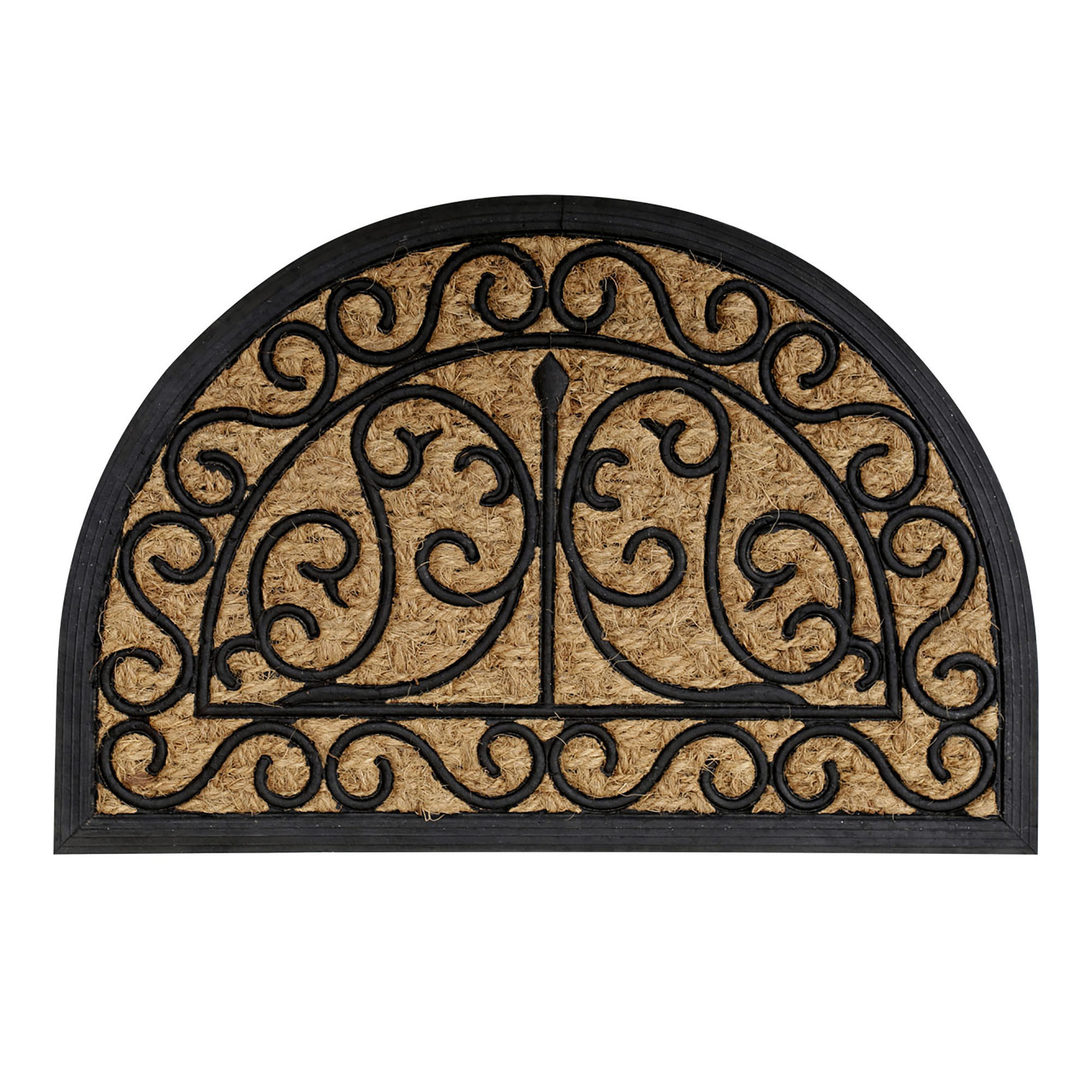 Half-round doormat with black scroll pattern and coir surface