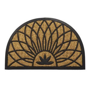 Half-round doormat with black petal pattern and coir surface