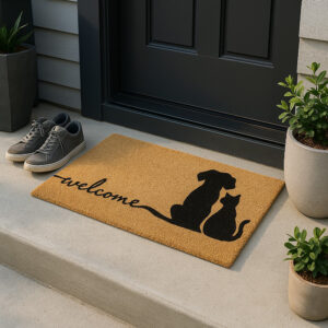 Natural coir doormat with dog and cat silhouette and welcome text at dark door
