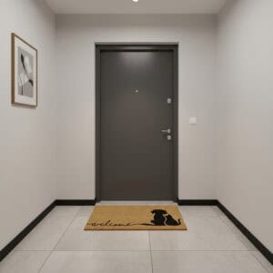 Dog and cat welcome doormat placed inside apartment hallway at entry door