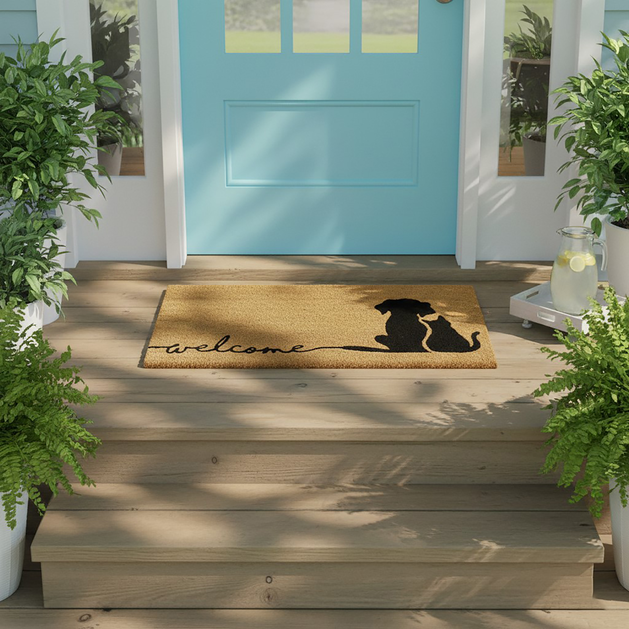Dog and cat silhouette welcome doormat on porch steps by blue door with plants