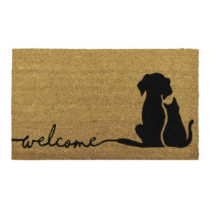 Natural coir doormat featuring a dog and cat silhouette with black welcome script for pet lovers’ front door