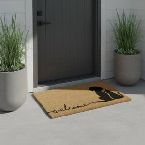 Dog and cat welcome coir doormat at grey modern door with large planters