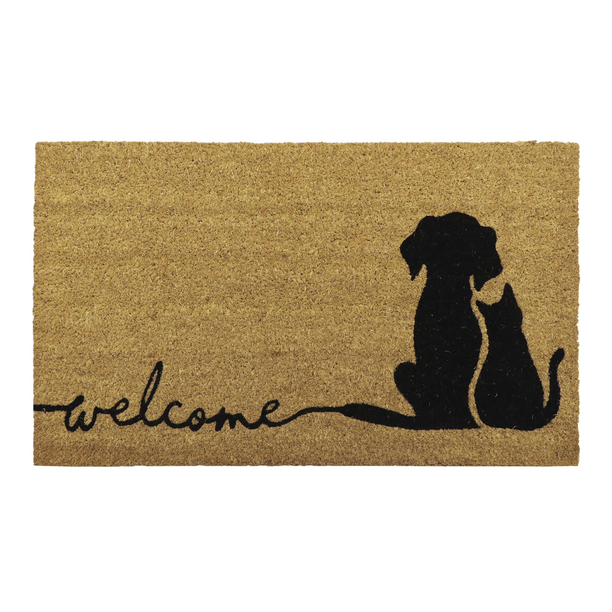 Natural coir doormat featuring a dog and cat silhouette with black welcome script for pet lovers’ front door