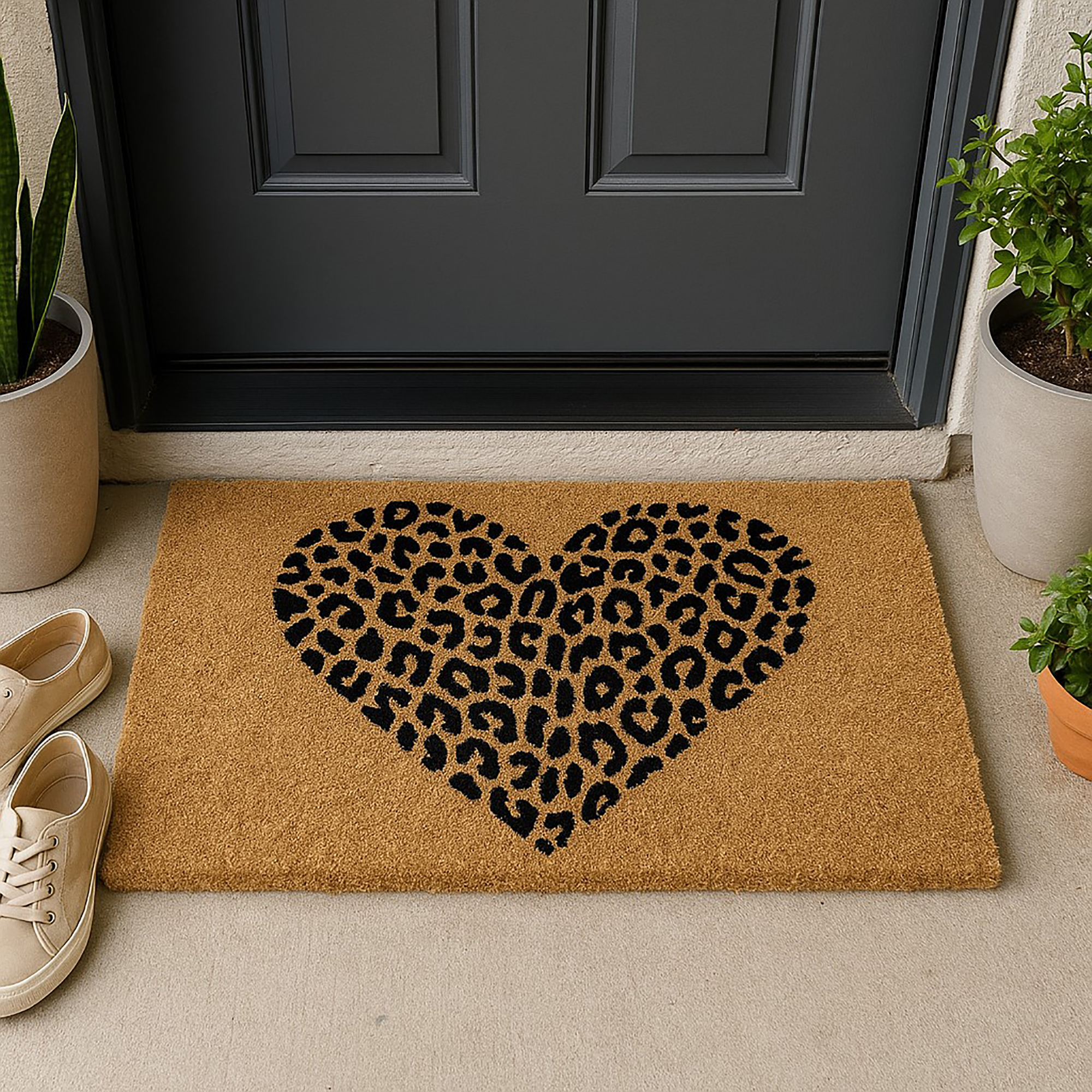 Leopard heart coir doormat placed at dark door with plants and sneakers