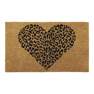 Natural coir doormat featuring a bold black leopard heart design for a striking front door accent