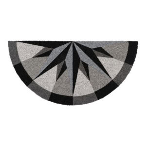 Half-round doormat with geometric compass rose design in black, gray, and white on natural coir background