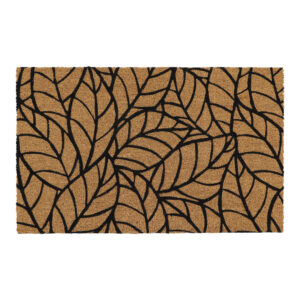 Natural coir doormat with bold black leaf pattern, ideal for modern entryways