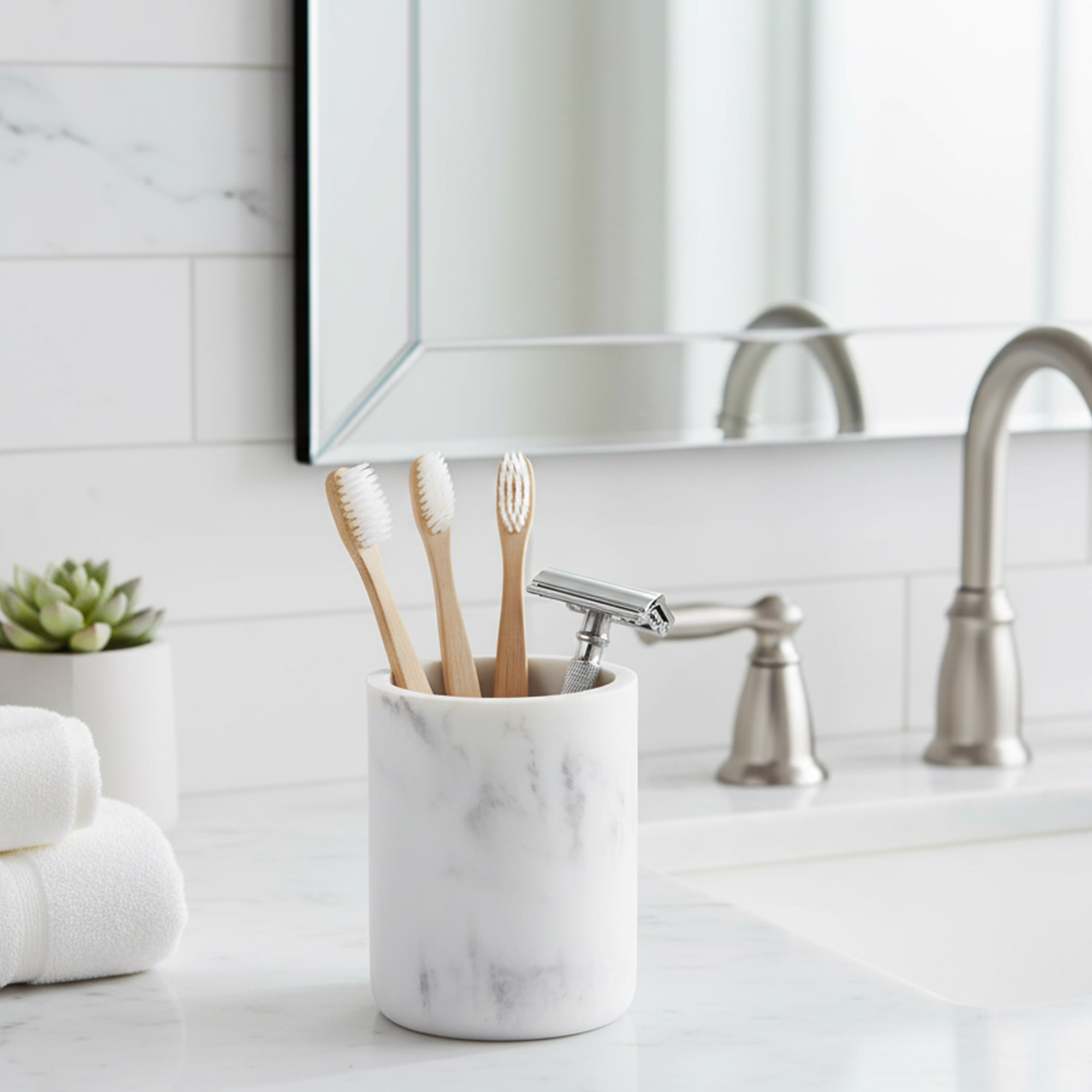 White marble bathroom tumbler with toothbrushes and razor on vanity