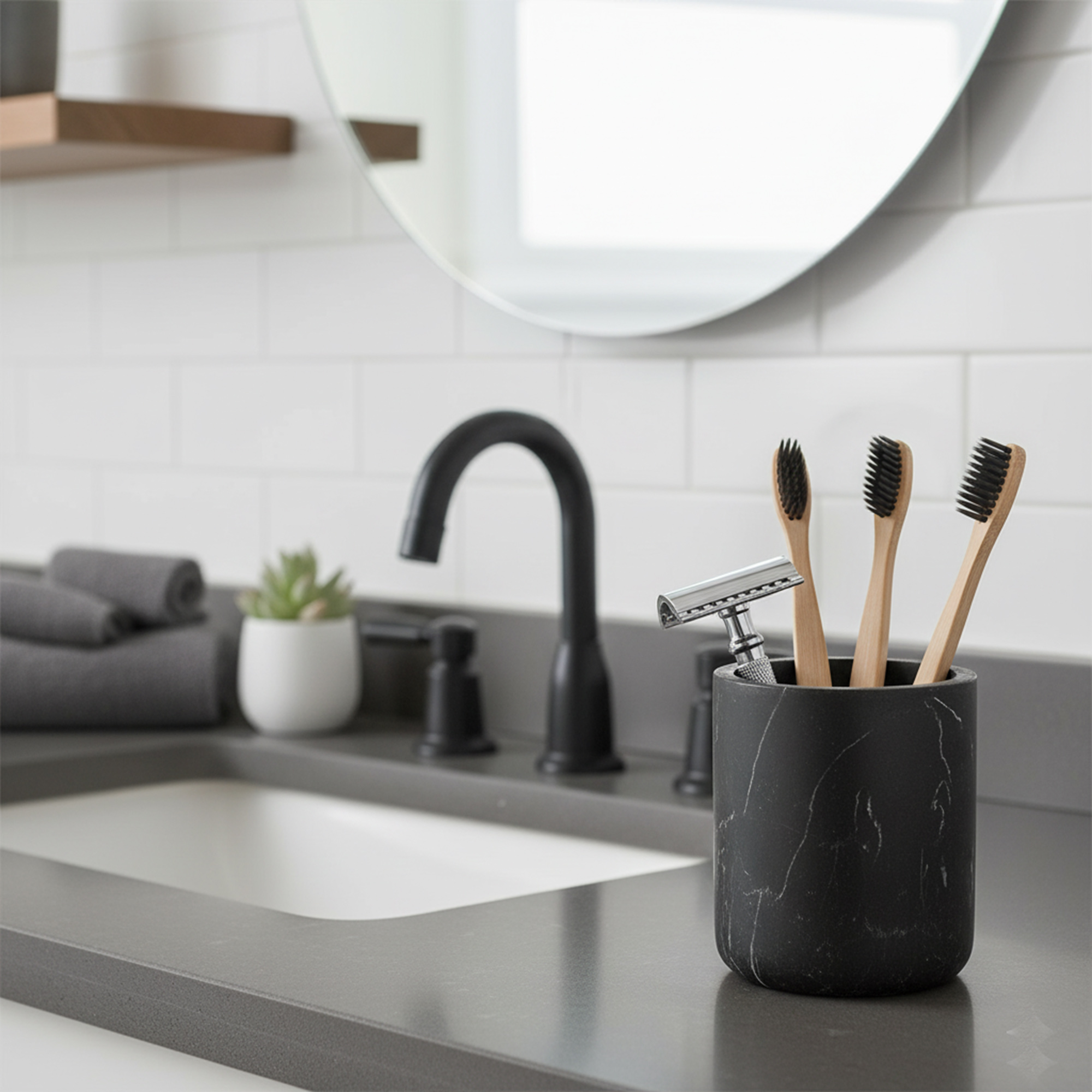 Black marble bathroom tumbler with toothbrushes and razor on modern vanity