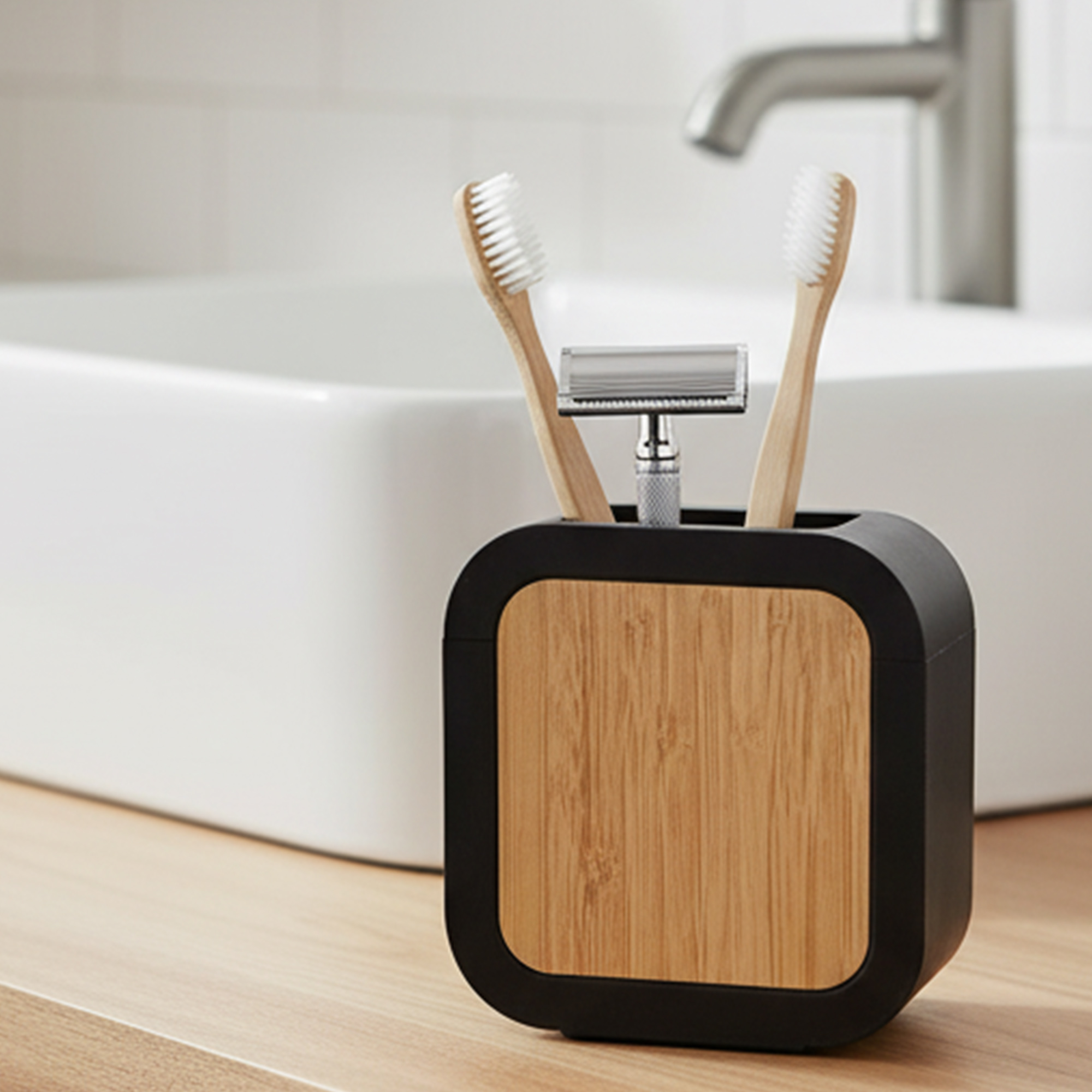 Black bamboo toothbrush holder with toothbrushes near sink