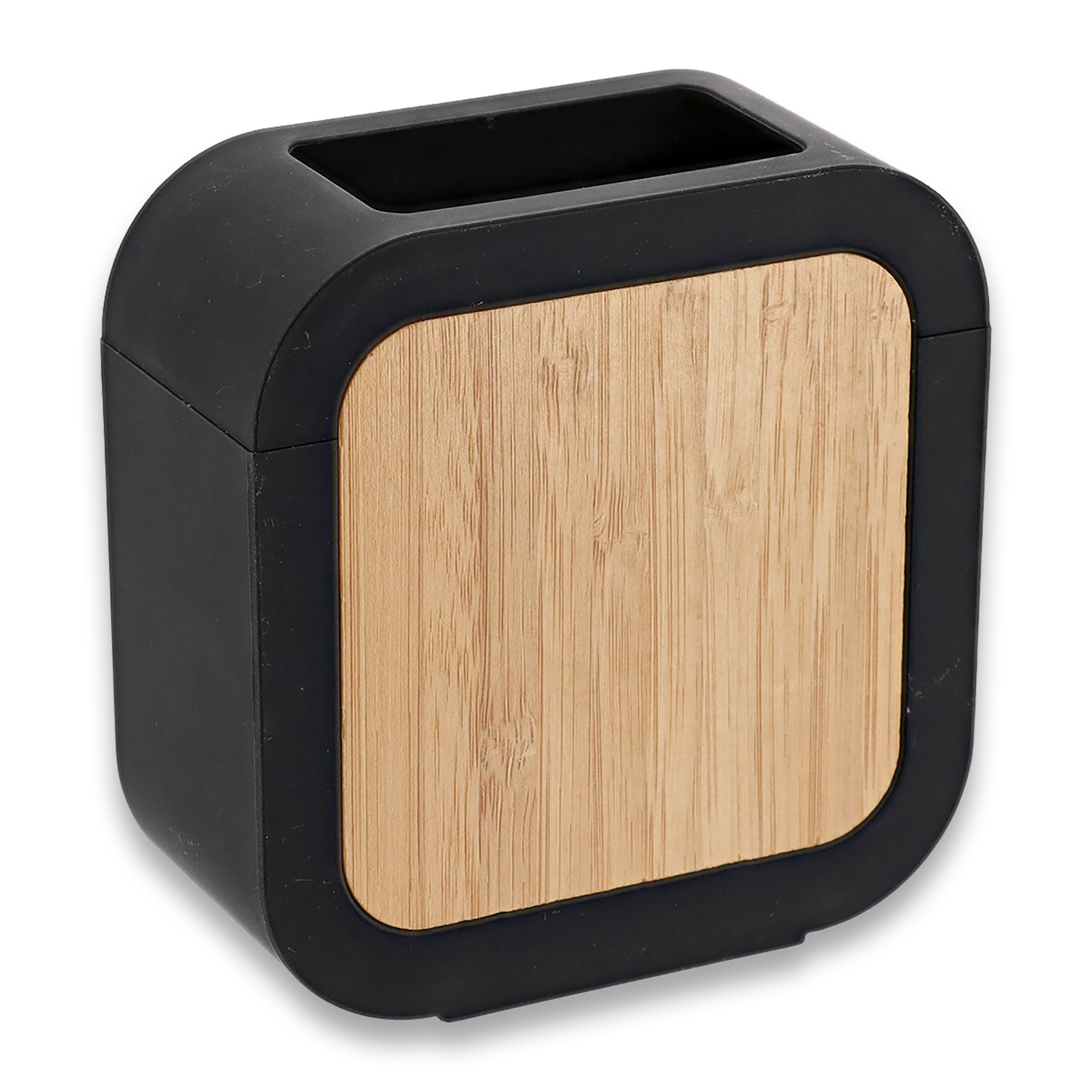 Black rubber and bamboo toothbrush holder front angle view