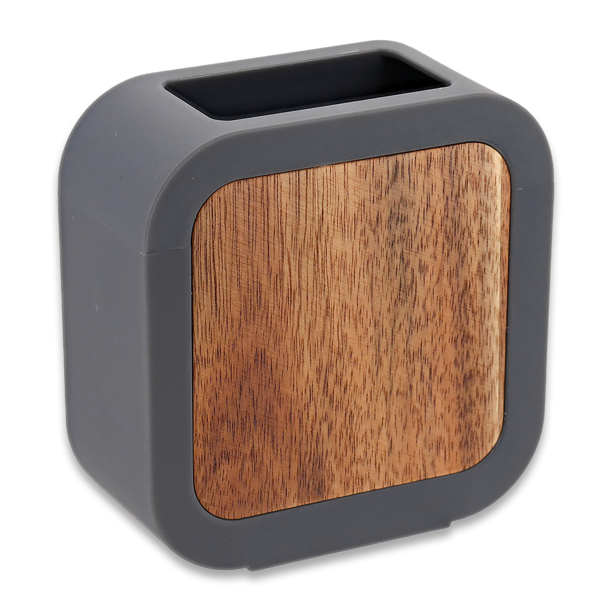 Gray rubber and acacia toothbrush holder front angle view