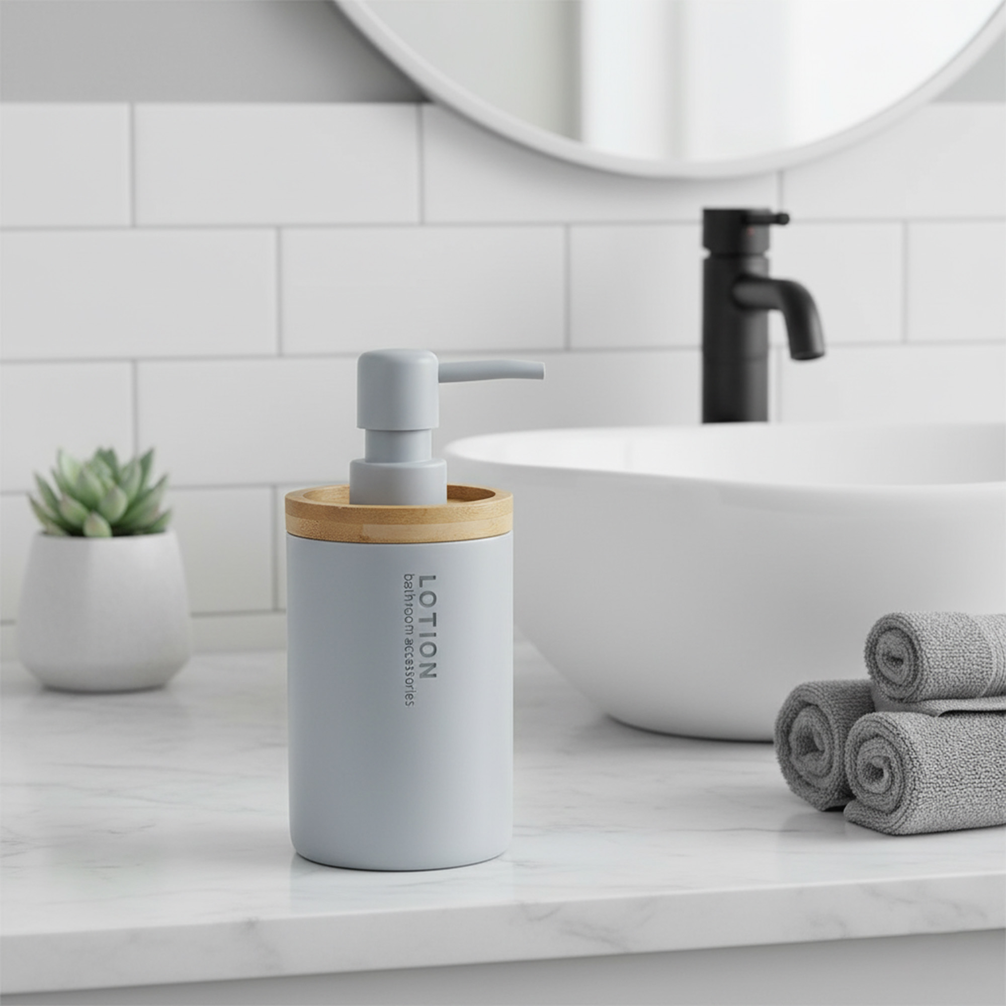 Elegant Light Blue Soap Dispenser - Polyresin and Bamboo Design, Refillable Liquid Pump