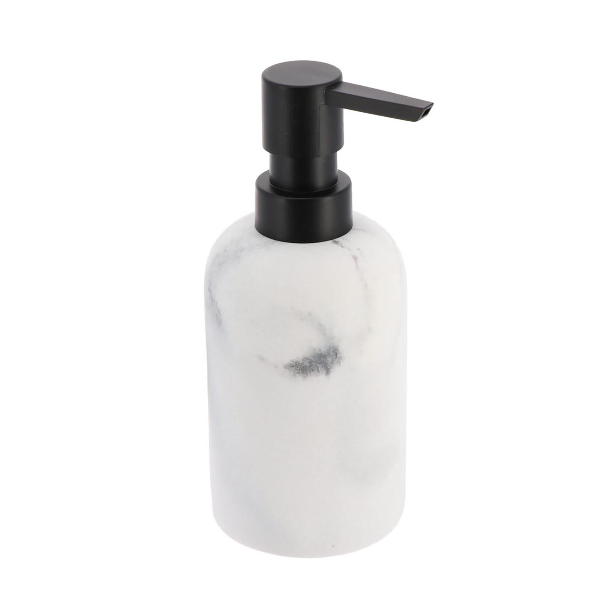 White marble soap dispenser with black pump front view