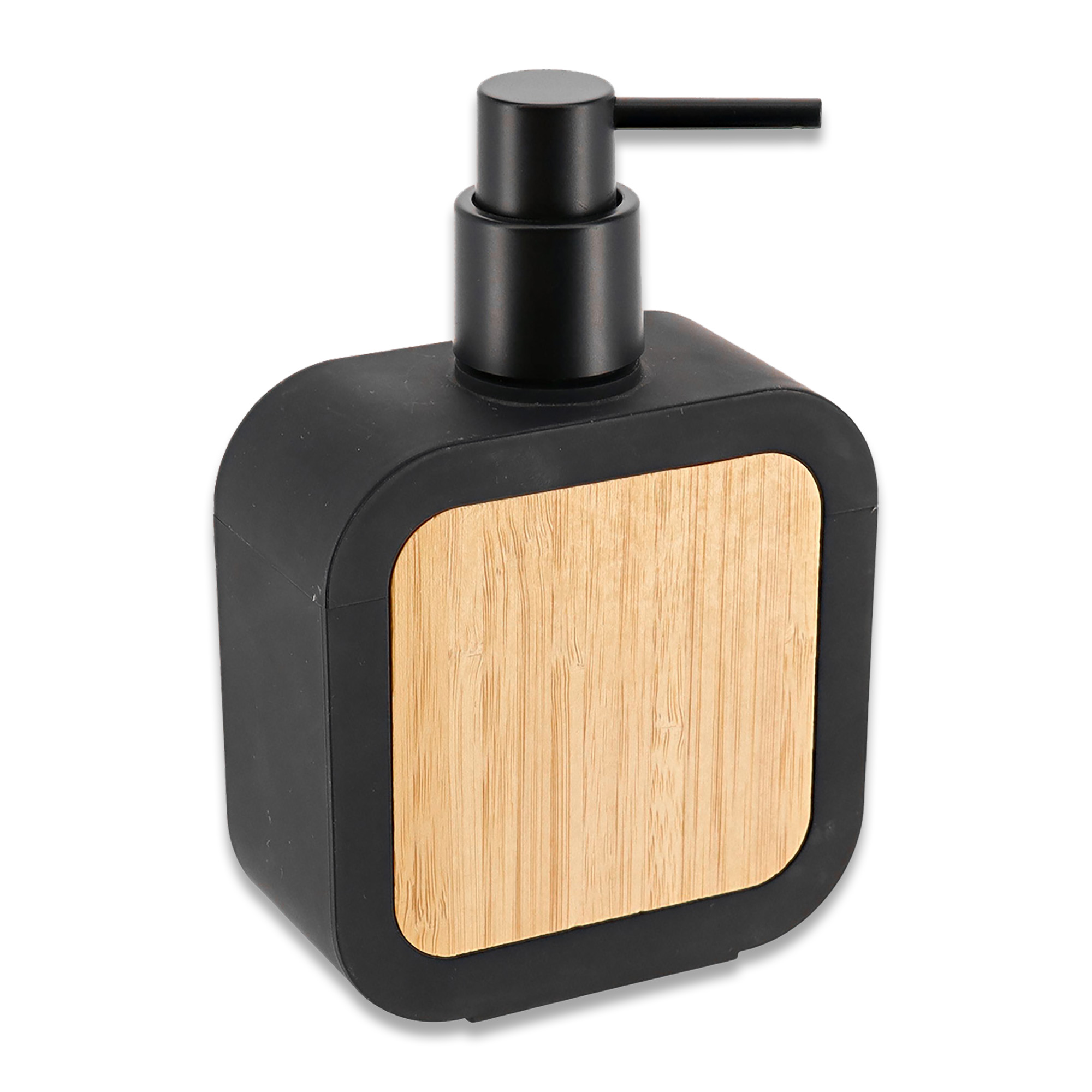 Front view of black rubber and bamboo soap dispenser