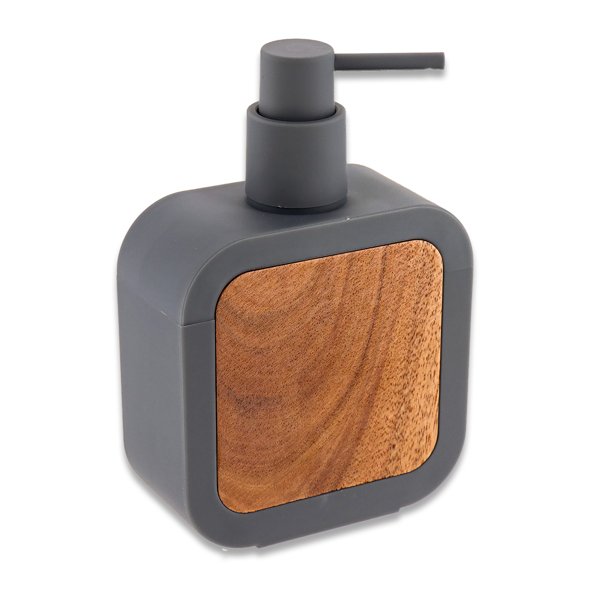 Front view of gray rubber and acacia soap dispenser