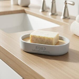 Light blue soap dish with bamboo insert holding bar soap on sink