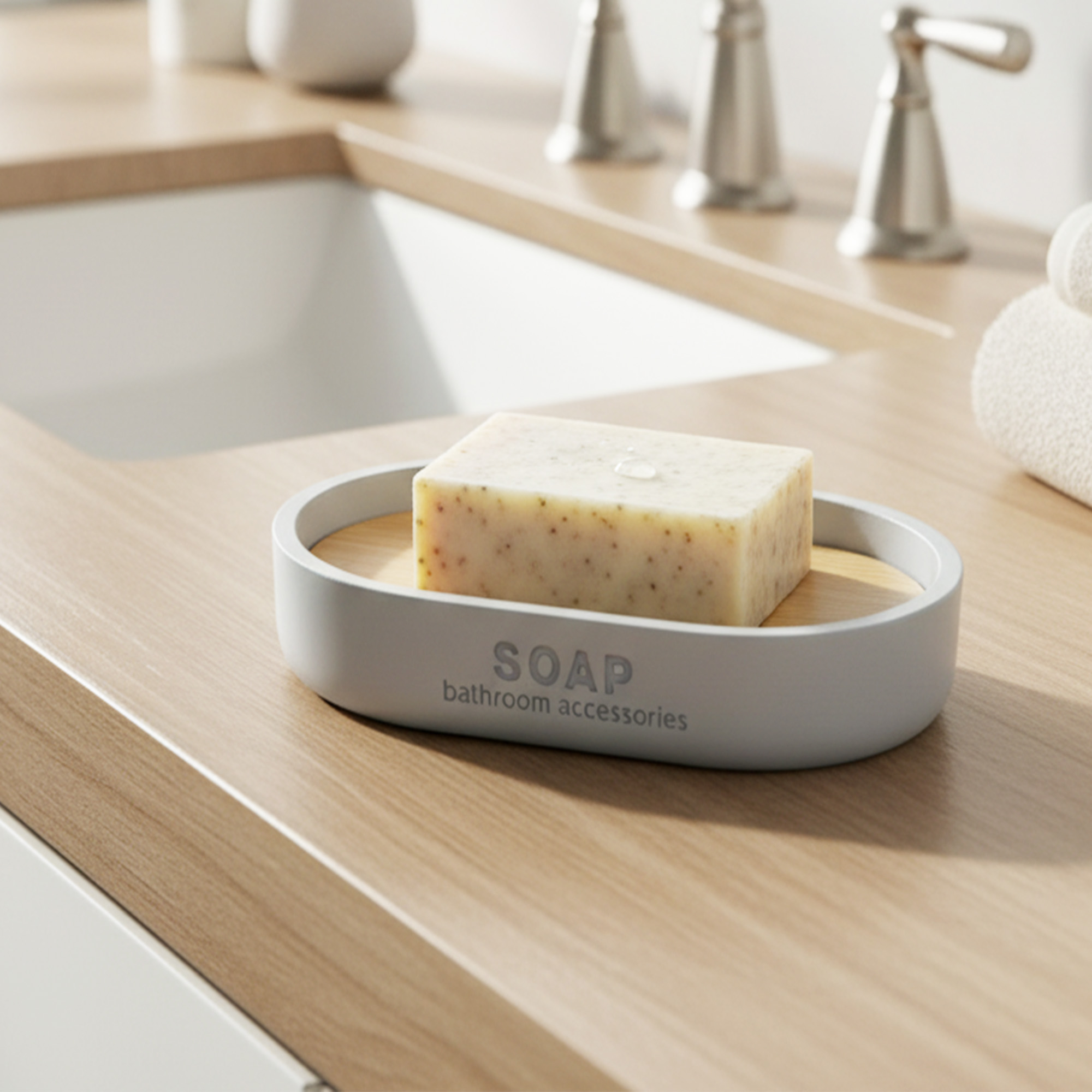 Light blue soap dish with bamboo insert holding bar soap on sink